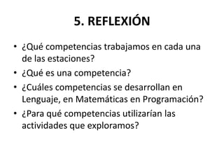 5. REFLEXIÓN
• ¿Qué competencias trabajamos en cada una
de las estaciones?
• ¿Qué es una competencia?
• ¿Cuáles competencias se desarrollan en
Lenguaje, en Matemáticas en Programación?
• ¿Para qué competencias utilizarían las
actividades que exploramos?

 