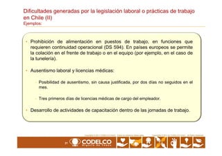 • Prohibición de alimentación en puestos de trabajo, en funciones que
requieren continuidad operacional (DS 594). En países europeos se permite
la colación en el frente de trabajo o en el equipo (por ejemplo, en el caso de
la tunelería).
• Ausentismo laboral y licencias médicas:
Dificultades generadas por la legislación laboral o prácticas de trabajo
en Chile (II)
Ejemplos:
21
Copyrights © 2010 by CODELCO-CHILE. All Rights Reserved.Copyrights © 2011 CODELCO-CHILE. Todos los Derechos Reservados. Copyrights © 2011 by CODELCO-CHILE. All Rights Reserved.
- Posibilidad de ausentismo, sin causa justificada, por dos días no seguidos en el
mes.
- Tres primeros días de licencias médicas de cargo del empleador.
• Desarrollo de actividades de capacitación dentro de las jornadas de trabajo.
 