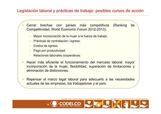 Legislación laboral y prácticas de trabajo: posibles cursos de acción
• Cerrar brechas con países más competitivos (Ranking de
Competitividad, World Economic Forum 2012-2013):
- Mayor incorporación de la mujer a la fuerza de trabajo.
- Prácticas de contratación / egreso.
- Costos de egreso.
- Pago por productividad.
- Relaciones laborales cooperativas.
22
Copyrights © 2010 by CODELCO-CHILE. All Rights Reserved.Copyrights © 2011 CODELCO-CHILE. Todos los Derechos Reservados. Copyrights © 2011 by CODELCO-CHILE. All Rights Reserved.
- Relaciones laborales cooperativas.
• Hacer más eficiente el funcionamiento del mercado laboral: mayor
incorporación de la mujer, flexibilidad, superación de limitaciones y
eliminación de distorsiones.
• Repensar el marco legal laboral para adecuarlo a las necesidades
actuales de las empresas, los trabajadores y el país.
 