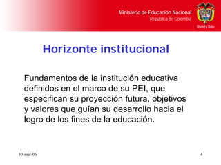Ministerio de Educación Nacional
                                        República de Colombia




            Horizonte institucional

  Fundamentos de la institución educativa
  definidos en el marco de su PEI, que
  especifican su proyección futura, objetivos
  y valores que guían su desarrollo hacia el
  logro de los fines de la educación.


30-mar-06                                                       4
 