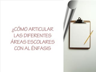 ¿CÓMO ARTICULAR
LAS DIFERENTES
ÁREAS ESCOLARES
CON AL ÉNFASIS
 