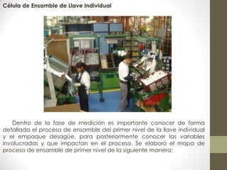 Célula de Ensamble de Llave Individual
Dentro de la fase de medición es importante conocer de forma
detallada el proceso de ensamble del primer nivel de la llave individual
y el empaque desagüe, para posteriormente conocer las variables
involucradas y que impactan en el proceso. Se elaboró el mapa de
proceso de ensamble de primer nivel de la siguiente manera:
 