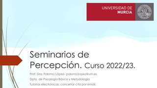 Seminarios de
Percepción. Curso 2022/23.
Prof. Dra. Paloma López– paloma.lopez@um.es
Dpto. de Psicología Básica y Metodología
Tutorías electrónicas: concertar cita por email.
 