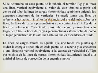 Si se determina en cada punto de la tubería el término P/g y se traza
una línea vertical equivalente al valor de este término a partir del
centro del tubo, la línea de cargas piezométricas se obtiene uniendo los
extremos superiores de las verticales. Se puede tomar una línea de
                                
referencia horizontal. Si z+ es la distancia del eje del tubo sobre esa
línea, la línea de cargas piezométricas se encontrará a z+ + P/g de la
línea de referencia. Conectando unos tubos como piezómetros a lo
largo del tubo, la línea de cargas piezométricas estaría definida como
el lugar geométrico de las alturas hasta las cuales ascendería el fluido

La línea de cargas totales es aquella que une todos los puntos que
miden la energía disponible en cada punto de la tubería y se encuentra
a una distancia vertical equivalente a la cabeza de velocidad (V2/2g)
por encima de la línea de cargas piezométricas (asumiendo igual a la
unidad el factor de corrección de la energía cinética)
 