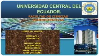 PERFIL DEL AUDITOR 
CURSO AP9-1 
INTEGRANTES: 
WILLIAM YAGUAL 
ALEX FERNÁNDEZ 
EDWIN CORREA 
BYRON CHISAGUANO 
LENIN QUILISIMBA 
 