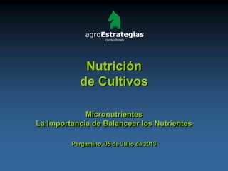 Nutrición
de Cultivos
Micronutrientes
La Importancia de Balancear los Nutrientes
Pergamino, 05 de Julio de 2013
 