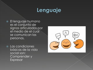  El lenguaje humano
es el conjunto de
signos articulados por
el medio de el cual
se comunican las
personas.
 Las condiciones
básicas de la vida
social son:
Comprender y
Expresar
 