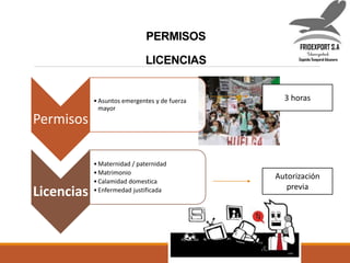 PERMISOS
LICENCIAS
Permisos
•Asuntos emergentes y de fuerza
mayor
Licencias
•Maternidad / paternidad
•Matrimonio
•Calamida...