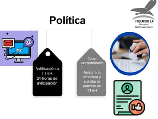 Notificación a
TTHH
24 horas de
anticipación
Caso
extraordinario
Asistir a la
empresa y
solicitar el
permiso en
TTHH
Polít...