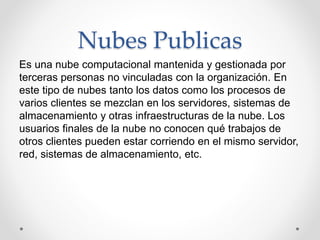 Nubes Publicas
Es una nube computacional mantenida y gestionada por
terceras personas no vinculadas con la organización. En
este tipo de nubes tanto los datos como los procesos de
varios clientes se mezclan en los servidores, sistemas de
almacenamiento y otras infraestructuras de la nube. Los
usuarios finales de la nube no conocen qué trabajos de
otros clientes pueden estar corriendo en el mismo servidor,
red, sistemas de almacenamiento, etc.
 