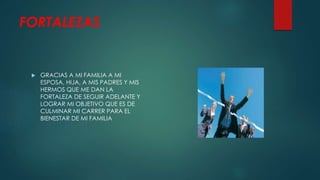 FORTALEZAS
GRACIAS A MI FAMILIA A MI
ESPOSA, HIJA, A MIS PADRES Y MIS
HERMOS QUE ME DAN LA
FORTALEZA DE SEGUIR ADELANTE Y
LOGRAR MI OBJETIVO QUE ES DE
CULMINAR MI CARRER PARA EL
BIENESTAR DE MI FAMILIA