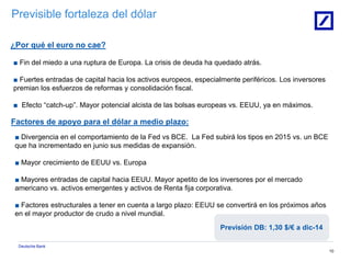 Deutsche Bank
10
■ Fin del miedo a una ruptura de Europa. La crisis de deuda ha quedado atrás.
■ Fuertes entradas de capital hacia los activos europeos, especialmente periféricos. Los inversores
premian los esfuerzos de reformas y consolidación fiscal.
■ Efecto “catch-up”. Mayor potencial alcista de las bolsas europeas vs. EEUU, ya en máximos.
Previsible fortaleza del dólar
¿Por qué el euro no cae?
■ Divergencia en el comportamiento de la Fed vs BCE. La Fed subirá los tipos en 2015 vs. un BCE
que ha incrementado en junio sus medidas de expansión.
■ Mayor crecimiento de EEUU vs. Europa
■ Mayores entradas de capital hacia EEUU. Mayor apetito de los inversores por el mercado
americano vs. activos emergentes y activos de Renta fija corporativa.
■ Factores estructurales a tener en cuenta a largo plazo: EEUU se convertirá en los próximos años
en el mayor productor de crudo a nivel mundial.
Previsión DB: 1,30 $/€ a dic-14
Factores de apoyo para el dólar a medio plazo:
 