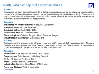 Deutsche Bank
23
Renta variable: Top picks internacionales
■ EEUU
Esperamos un buen comportamiento de la bolsa americana a pesar de los niveles a los que cotiza,
cercanos a máximos históricos. Nuestro sector favorito sigue siendo el de tecnología. Creemos que
hay oportunidades atractivas en el consumo cíclico, especialmente en autos y media y en el sector
financiero, especialmente en las aseguradoras.
Apuestas
Servidores y semiconductores: Cisco, F5, Qualcomm
Hardware: Apple, Google. Facebook
Consumo cíclico: Ford, CBS, NIKE
Financieras: MetLife, Goldman Sachs
Biotecnologicas: Celgene, Biogen, Gilead Sciences, Amgen
Industriales: Schlumberger, General Electric
■ Europa
Confiamos en los sectores más cíclicos y con exposición tanto global como doméstica. Nuestros
favoritos son Automóviles, Industria, Construcción, Media y Finanzas. Creemos que los movimientos
corporativos seguirán apoyando el sector de telecomunicaciones.
Apuestas
Financieras: AXA, Intesa San Paolo, USB, Lloyds
Construcción: Saint Gobain, Heidelberg Cement
Media: JC Decaux, ProSiebenSat 1
Autos: Daimler, Renault, Continental
Industriales: Siemens, Akzo Nobel, BASF, Linde
Recursos Básicos: Total, Arcelor Mittal
 