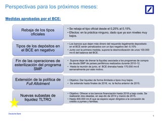 Deutsche Bank
7
Medidas aprobadas por el BCE:
Perspectivas para los próximos meses:
• Se rebaja el tipo oficial desde el 0,25% al 0,15%.
• Efectos: en la práctica ninguno, dado que ya son niveles muy
bajos.
Rebaja de los tipos
oficiales
• Los bancos que dejen más dinero del requerido legalmente depositado
en el BCE serán penalizados con un tipo negativo del -0,10%
• Junto con la primera medida, supone la desmovilización de unos 100.000
mn.€ del balance del BCE.
Tipos de los depósitos en
el BCE en negativo
• Supone dejar de drenar la liquidez asociada a los programas de compra
de deuda SMP de países periféricos realizados durante 2010-12.
• Hasta la reunión de junio, el BCE drenaba hasta 170.000 mn.€
semanalmente por este motivo.
Fin de las operaciones de
esterilización del programa
SMP
• Objetivo: Dar liquidez de forma ilimitada a tipos muy bajos.
• Se extiende hasta finales de 2016, vs. la fecha anterior de 2015.
Extensión de la política de
Full Allotment
• Objetivo: Ofrecer a los bancos financiación hasta 2018 a bajo coste. Se
realizarán dos oleadas, en sep-dic de 2014 y marzo de 2015.
• Hasta 400.000 mn.€ que se espera vayan dirigidos a la concesión de
crédito a pymes y familias.
Nuevas subastas de
liquidez TLTRO
 