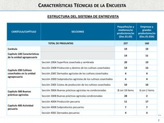 ESTRUCTURA DEL SISTEMA DE ENTREVISTA
7
CARACTERÍSTICAS TÉCNICAS DE LA ENCUESTA
CARÁTULA/CAPÍTULO SECCIONES
Pequeños/as y
m...