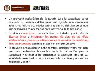 • Un proyecto pedagógico de Educación para la sexualidad es un 
conjunto de acciones deliberadas que ejecuta una comunidad 
educativa; incluye actividades precisas dentro del plan de estudio 
que desarrollan competencias para la vivencia de la sexualidad. 
• La idea es relacionar conocimientos, habilidades y actitudes de 
diversas áreas e incorporar los puntos de vista de las niñas, 
adolescentes y jóvenes y articularlos en la solución de cuestiones 
de la vida cotidiana que tengan que ver con su contexto. 
• El proyecto pedagógico se debe construir participativamente, para 
promover ambientes favorables hacia la educación para la 
sexualidad y facilitar a las estudiantes la expresión libre de sus 
inquietudes mas profundas, sus necesidades sentidas y sus formas 
de pensar y sentir. 
 