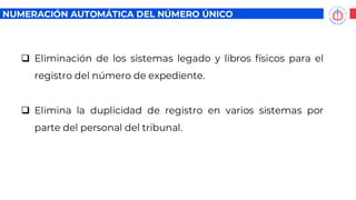 ❑ Eliminación de los sistemas legado y libros físicos para el
registro del número de expediente.
❑ Elimina la duplicidad de registro en varios sistemas por
parte del personal del tribunal.
NUMERACIÓN AUTOMÁTICA DEL NÚMERO ÚNICO
DE CASOS
 