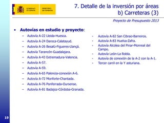 Proyecto de Presupuesto 2013
1919
7. Detalle de la inversión por áreas
b) Carreteras (3)
• Autovías en estudio y proyecto:
– Autovía A-22 Lleida-Huesca.
– Autovía A-24 Daroca-Calatayud.
– Autovía A-26 Besalú-Figueres-Llançá.
– Autovía Tarancón-Guadalajara.
– Autovía A-43 Extremadura-Valencia.
– Autovía A-57.
– Autovía A-59.
– Autovía A-65 Palencia-conexión A-6.
– Autovía A-72 Monforte-Chantada.
– Autovía A-76 Ponferrada-Oursense.
– Autovía A-81 Badajoz-Córdoba-Granada.
- Autovía A-82 San Cibrao-Barreiros.
- Autovía A-83 Huelva-Zafra.
- Autovía Alcolea del Pinar-Monreal del
Campo.
- Autovía León-La Robla.
- Autovía de conexión de la A-2 con la A-1.
- Tercer carril en la Y asturiana.
 