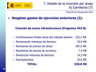 Proyecto de Presupuesto 2013
2323
7. Detalle de la inversión por áreas
b) Carreteras (7)
• Desglose gastos de ejercicios anteriores (I):
Creación de nueva infraestructura (Programa 453-B)
– Certificaciones finales obras del método alemán: 222,1 M€
– Reclamación intereses de demora: 75,9 M€
– Revisiones de precios de obras: 187,5 M€
– Revisiones de precios de servicios: 7,4 M€
– Sentencias intereses de demora: 14,3 M€
– Expropiaciones 32,6 M€
TOTAL: 539,8 M€
 