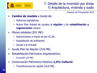 Proyecto de Presupuesto 2013
3131
7. Detalle de la inversión por áreas
f) Arquitectura, vivienda y suelo
• Cambio de modelo a través de:
– Reformas legislativas
– Nuevo Plan Estatal de ayudas al alquiler y de rehabilitación y
regeneración urbana
• Planes estatales (521 M€):
– Subvenciones a través de las CC.AA.
– Subsidiación de préstamos
– Ayuda a la entrada
• Ayuda Plan de Alquiler (210 M€)
• Rehabilitación Patrimonio Arquitectónico:
– Inversión (23 M€)
• Conservación Patrimonio Histórico 1,5% Cultural:
– Transferencias de capital (19,6 M€)
 
