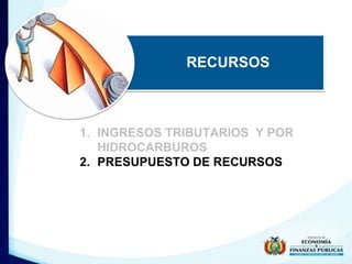 RECURSOS
1. INGRESOS TRIBUTARIOS Y POR
HIDROCARBUROS
2. PRESUPUESTO DE RECURSOS
 