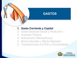 GASTOS 
1. Gasto Corriente y Capital 
2. Gasto Sectorial Social y Productivo 
3. Inversión Pública 
4. Subvención Hidrocarburos 
5. Bonos Sociales y Renta Dignidad 
6. Transferencias a ETAS y Universidades 
 