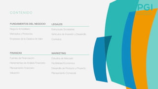 FINANZAS!
Fuentes de Financiación 
Herramientas de Análisis Financiero
Planeamiento Financiero
Valuación
FUNDAMENTOS DEL NEGOCIO
Negocio Inmobiliario
Mercados y Productos
Empresas de la Cadena de Valor
MARKETING!
Estudios de Mercado
Factibilidad Económica
Desarrollo de Producto y Proyecto
Planeamiento Comercial
LEGALES
Estructuras Societarias
Vehículos de Inversión y Desarrollo
Contratos
C O N T E N I D O 
 