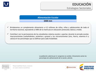 Responsabilidad fiscal y social en
un nuevo entorno económico
EDUCACIÓN
Estrategias Sectoriales
Alimentación Escolar
$400 mm
 Brindaremos un complemento alimentario a 4.2 millones de niños, niñas y adolescentes de todo el
territorio nacional, equivalente al 48% de la matrícula en educación preescolar, básica y media.
 Contribuir con la permanencia de los estudiantes sistema escolar y aportar, durante la jornada escolar,
macronutrientes (carbohidratos, proteínas y grasas) y los micronutrientes (zinc, hierro, vitamina A y
calcio) en los porcentajes que se definan para cada modalidad.
La población cubierta por el programa no cambia. Únicamente varían los
porcentajes de cofinanciación de la nación y demás.
 