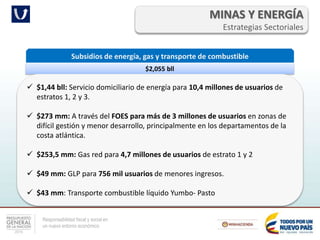 Responsabilidad fiscal y social en
un nuevo entorno económico
MINAS Y ENERGÍA
Estrategias Sectoriales
Subsidios de energía, gas y transporte de combustible
$2,055 bll
 $1,44 bll: Servicio domiciliario de energía para 10,4 millones de usuarios de
estratos 1, 2 y 3.
 $273 mm: A través del FOES para más de 3 millones de usuarios en zonas de
difícil gestión y menor desarrollo, principalmente en los departamentos de la
costa atlántica.
 $253,5 mm: Gas red para 4,7 millones de usuarios de estrato 1 y 2
 $49 mm: GLP para 756 mil usuarios de menores ingresos.
 $43 mm: Transporte combustible líquido Yumbo- Pasto
 