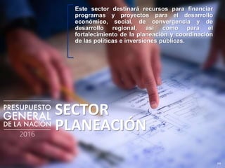 191
SECTOR
PLANEACIÓN
Este sector destinará recursos para financiar
programas y proyectos para el desarrollo
económico, social, de convergencia y de
desarrollo regional, así como para el
fortalecimiento de la planeación y coordinación
de las políticas e inversiones públicas.
 