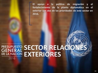 216
SECTOR RELACIONES
EXTERIORES
El apoyo a la política de migración y el
fortalecimiento de la planta diplomática en el
exterior son dos de las prioridades de este sector en
2016.
 