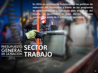 229
SECTOR
TRABAJO
En 2016 se continuarán fortaleciendo las políticas de
reducción del desempleo a través de los programas
de emprendimiento y educación para el trabajo. Así
mismo, se garantizará el pago de las mesadas
pensionales a más de 2 millones de personas.
 