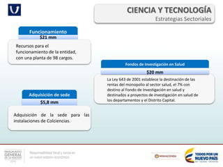 Responsabilidad fiscal y social en
un nuevo entorno económico
CIENCIA Y TECNOLOGÍA
Estrategias Sectoriales
Fondos de Investigación en Salud
Funcionamiento
$21 mm
$20 mm
Adquisición de sede
$5,8 mm
Recursos para el
funcionamiento de la entidad,
con una planta de 98 cargos.
La Ley 643 de 2001 establece la destinación de las
rentas del monopolio al sector salud, el 7% con
destino al Fondo de Investigación en salud y
destinados a proyectos de investigación en salud de
los departamentos y el Distrito Capital.
Adquisición de la sede para las
instalaciones de Colciencias.
 