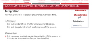 Introductio
n
Backgroun
d
Systematic
Review
Conceptual
definition
Implementati
on
Evaluatio
n
Conclusions and further
work
A SYSTEMATIC REVIEW OF PROVENANCE SYSTEMS. OPEN PROBLEMS
Provenance
Characteristics
Data Capture
Level
Integration
Another approach is to capture provenance at process-level.
Advantages:
It is independent from Workflow Management Systems.
It is able to capture the high level meaning of the process.
Disadvantage:
It is necessary to adapt pre-existing activities of the process to
incorporate provenance collection functionalities.
 