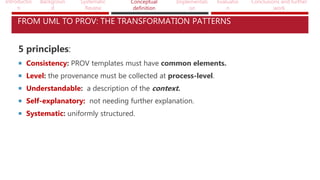Introductio
n
Backgroun
d
Systematic
Review
Conceptual
definition
Implementati
on
Evaluatio
n
Conclusions and further
work
FROM UML TO PROV: THE TRANSFORMATION PATTERNS
5 principles:
 Consistency: PROV templates must have common elements.
 Level: the provenance must be collected at process-level.
 Understandable: a description of the context.
 Self-explanatory: not needing further explanation.
 Systematic: uniformly structured.
 