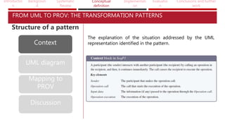 Introductio
n
Backgroun
d
Systematic
Review
Conceptual
definition
Implementati
on
Evaluatio
n
Conclusions and further
work
FROM UML TO PROV: THE TRANSFORMATION PATTERNS
Context
UML diagram
Mapping to
PROV
Discussion
The explanation of the situation addressed by the UML
representation identified in the pattern.
Structure of a pattern
 