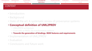 Introductio
n
Backgroun
d
Systematic
Review
Conceptual
definition
Implementati
on
Evaluatio
n
Conclusions and further
work
• Introduction
• Background
• State of the art: A systematic review of provenance systems
• Conceptual definition of UML2PROV
• UML2PROV architecture
• From UML to PROV: the transformation patterns
• Towards the generation of bindings. BGM features and requirements
• Implementation of UML2PROV
• Evaluation
• Conclusions and future work
CONTENT
 