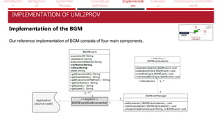 Introductio
n
Backgroun
d
Systematic
Review
Conceptual
definition
Implementati
on
Evaluatio
n
Conclusions and further
work
Implementation of the BGM
IMPLEMENTATION OF UML2PROV
Our reference implementation of BGM consists of four main components.
 