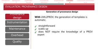 Introductio
n
Backgroun
d
Systematic
Review
Conceptual
definition
Implementati
on
Evaluatio
n
Conclusions and further
work
EVALUATION. PROVENANCE DESIGN
Provenance
design
Instrumentation
Maintenance
Overhead
Quality
Provenance
design
Overhead
Generation of provenance design
With UML2PROV, the generation of templates is
automatic.
straightforward
scales up
does NOT require the knowledge of a PROV
expert
 