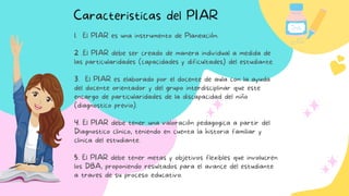 Caracteristicas del PIAR
1. El PIAR es una instrumento de Planeación.
2 .El PIAR debe ser creado de manera individual a medida de
las particularidades (capacidades y dificultades) del estudiante.
3. El PIAR es elaborado por el docente de aula con la ayuda
del docente orientador y del grupo interdisciplinar que este
encargo de particularidades de la discapacidad del niño
(diagnostico previo).
4. El PIAR debe tener una valoración pedagogica a partir del
Diagnostico clinico, teniendo en cuenta la historia familiar y
clinica del estudiante.
5. El PIAR debe tener metas y objetivos flexibles que involucren
los DBA, proponiendo resultados para el avance del estudiante
a traves de su proceso educativo.
 
