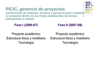 PICIC, gerencia de proyectos combinación de sistemas, técnicas y personas para completar  un proyecto dentro de las metas establecidas de tiempo, presupuesto y calidad. Fase I (2006-07) Proyecto académico Estructura física y mobiliario Tecnología Fase II (2007-08) Proyecto académico Estructura física y mobiliario Tecnología 