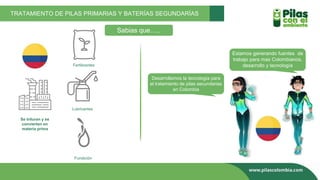 Fundición
Fertilizantes
Lubricantes
Se trituran y se
convierten en
materia prima
TRATAMIENTO DE PILAS PRIMARIAS Y BATERÍAS SEGUNDARÍAS
Desarrollamos la tecnología para
el tratamiento de pilas secundarias
en Colombia
Estamos generando fuentes de
trabajo para mas Colombianos,
desarrollo y tecnología
Sabias que…..
 