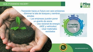 QUE PODEMOS HACER?
- Transición hacia un futuro con cero emisiones
- Eliminar la tala de bosques y sembrar
árboles
- Las empresas pueden poner
un granito de arena
- Uso racional de energía
(AEE y vehículos)
- Usar materiales
reciclados
 