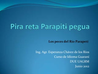 Los peces del Río Parapetí


Ing. Agr. Esperanza Chávez de los Ríos
              Curso de Idioma Guaraní
                         DUE UAGRM
                            Junio 2012
 