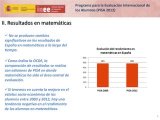 Programa para la Evaluación Internacional de
los Alumnos (PISA 2012)

II. Resultados en matemáticas
 No se producen cambios
significativos en los resultados de
España en matemáticas a lo largo del
tiempo.
Como indica la OCDE, la
comparación de resultados se realiza
con ediciones de PISA en donde
matemáticas ha sido el área central de
evaluación.
Si tenemos en cuenta la mejora en el
estatus socio-económico de los
alumnos entre 2003 y 2012, hay una
tendencia negativa en el rendimiento
de los alumnos en matemáticas.
5

 