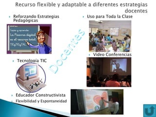  Video Conferencias
 Tecnología TIC
 Reforzando Estrategias
Pedagógicas
 Uso para Toda la Clase
 Educador Constructivista
 Flexibilidad y Espontaneidad
 
