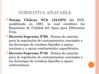 NORMATIVA APLICABLE
 Norma Chilena NCh 133.Of78 del INN,
modificada en 1987, la cual establece los
Requisitos de Calidad del Agua para Diferentes
Usos.
 Decreto Supremo N°90. Norma de emisión
para la regulación de contaminantes asociados a
las descargas de residuos líquidos a aguas
marinas y a aguas continentales superficiales.
 Decreto Supremo N°46. Norma de emisión
para la regulación de contaminantes asociados a
las descargas de residuos líquidos a aguas
subterráneas.
 