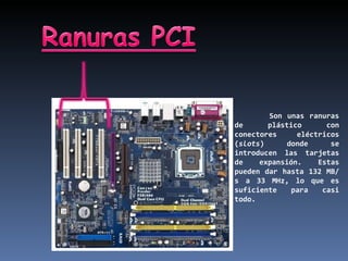 Son unas ranuras de plástico con conectores eléctricos ( slots ) donde se introducen las tarjetas de expansión. Estas pueden dar hasta 132 MB/s a 33 MHz, lo que es suficiente para casi todo. 