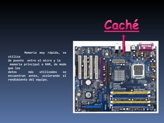 Memoria muy rápida, se utiliza de puente  entre el micro y la memoria principal o RAM, de modo que los  datos  más utilizados se encuentran antes, acelerando el rendimiento del equipo. 