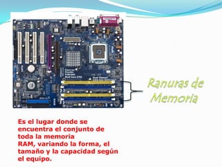 Es el lugar donde se
encuentra el conjunto de
toda la memoria
RAM, variando la forma, el
tamaño y la capacidad según
el equipo.
 